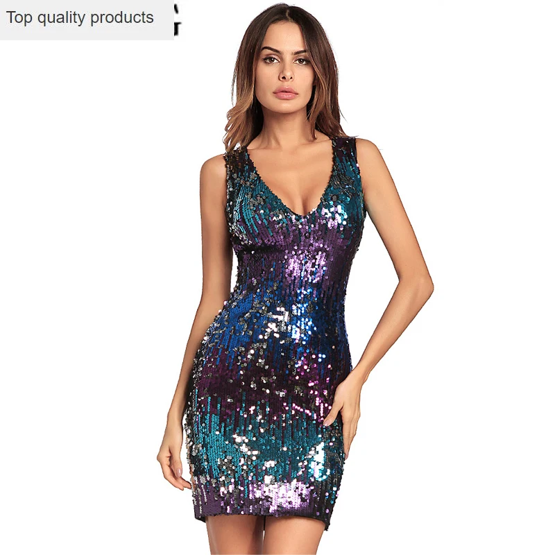Новинка 2020 летние мини платья женское платье с блестками сексуальное v-образный