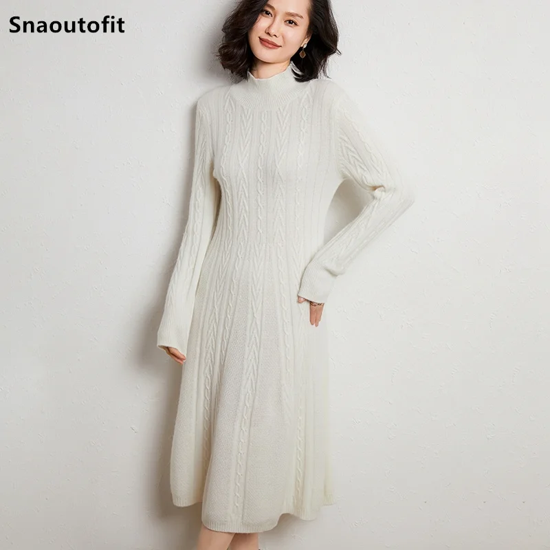 

2021 Autumn Winter New Half-High Neck Woolen Sweater Women's Mid-Length Dress Temperament Was Thin Knitted Wool Umbrella Skirt