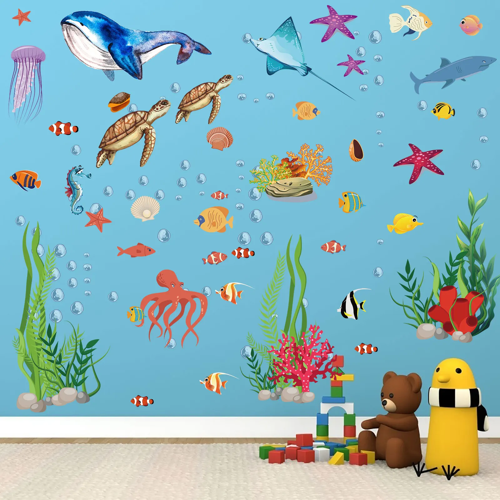 

4 Sheets Colorful Ocean Life Wall Stickers Watercolor Ocean Creatures Wall Decor