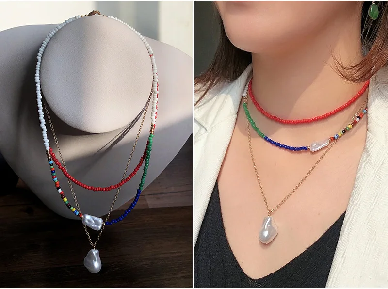 Чокер женский многослойный с рисовыми бусинами цепочка до ключиц ожерелье