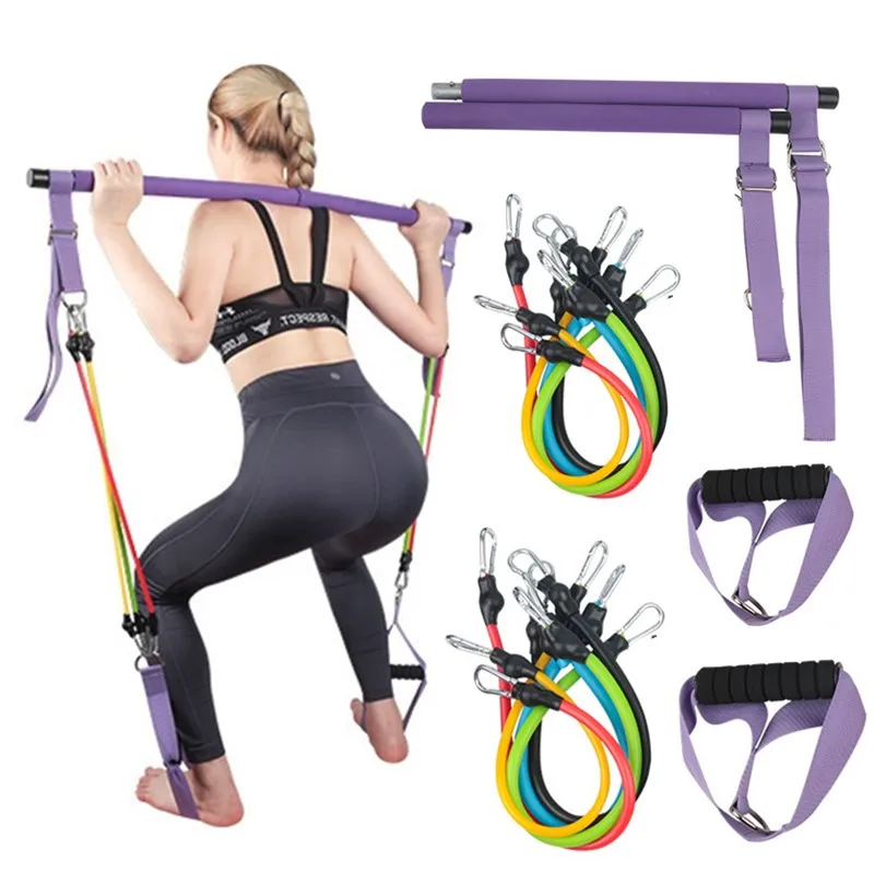 

Fitness Pilates Stick Bar with Adjustable Resistance Bands Set Home Gym Equipment for Squat Glutes Workout WeightliftingTraining