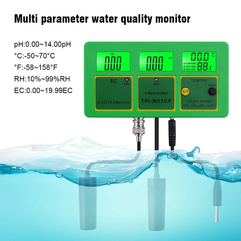 

4 in 1 PH TEMP EC RH Water Quality Tester Monitor PH Meter Multi-parameter Water Meter for Pools Drinking Water Aquariums