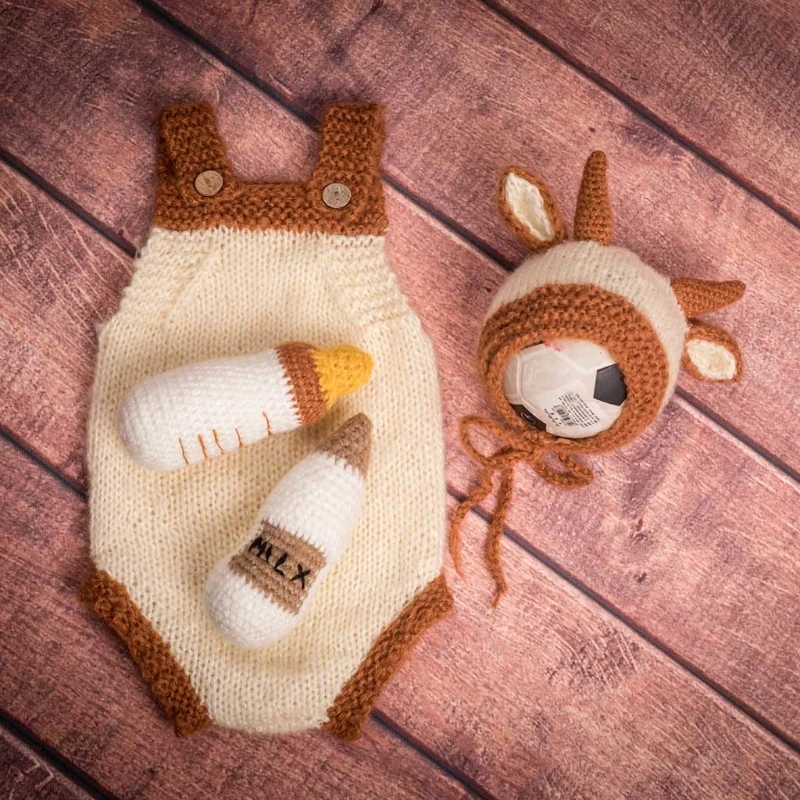 

Baby Crochet Milk Bottle Cute Calf Hat Bonnet Knitted Stuffed Toy Romper Set