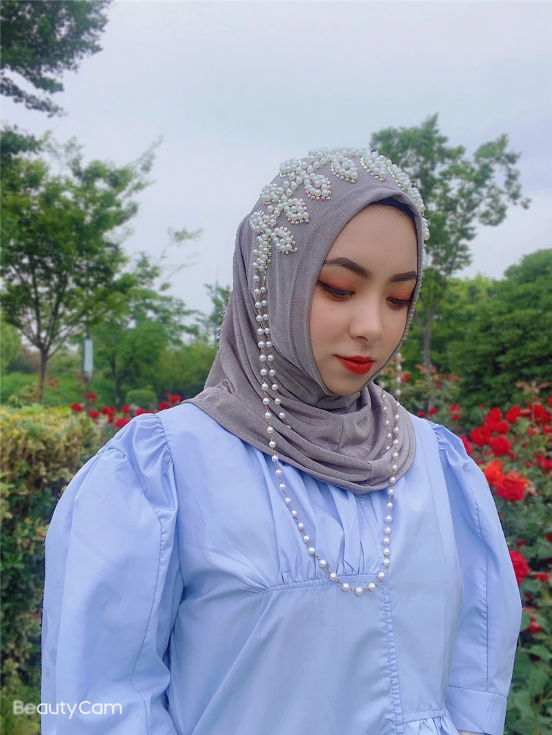 Цветочная шаль с бисером хиджаб тюрбан шляпа мусульманский шарф головной убор