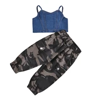 kids baby girls summer off shoulder solid tops vest denim camouflage long pants toddler children clothes sets 2pcs 1 6y