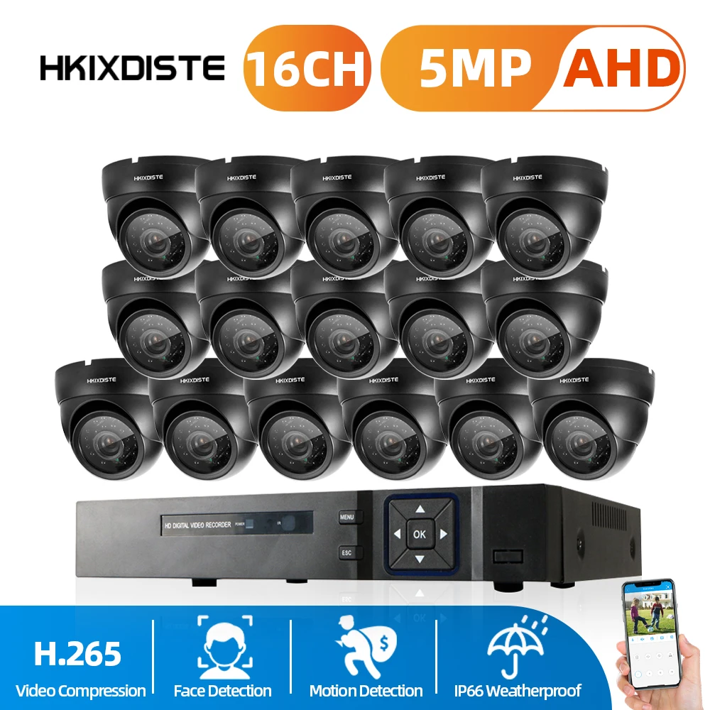 H.265 8CH 16CH 5MP AHD DVR Kit CCTV System 16pcs 5MP 2592*1944P HD Outdoor Waterproof Dome Camera P2P Security Surveillance Set