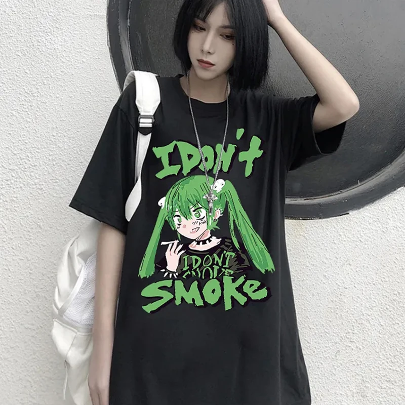 Harajuku Anime Printed Loose Women's Top is Dark Smoke Japanese Casual T-shirt Dark Color Factory Outlet Exclusive Summer Women