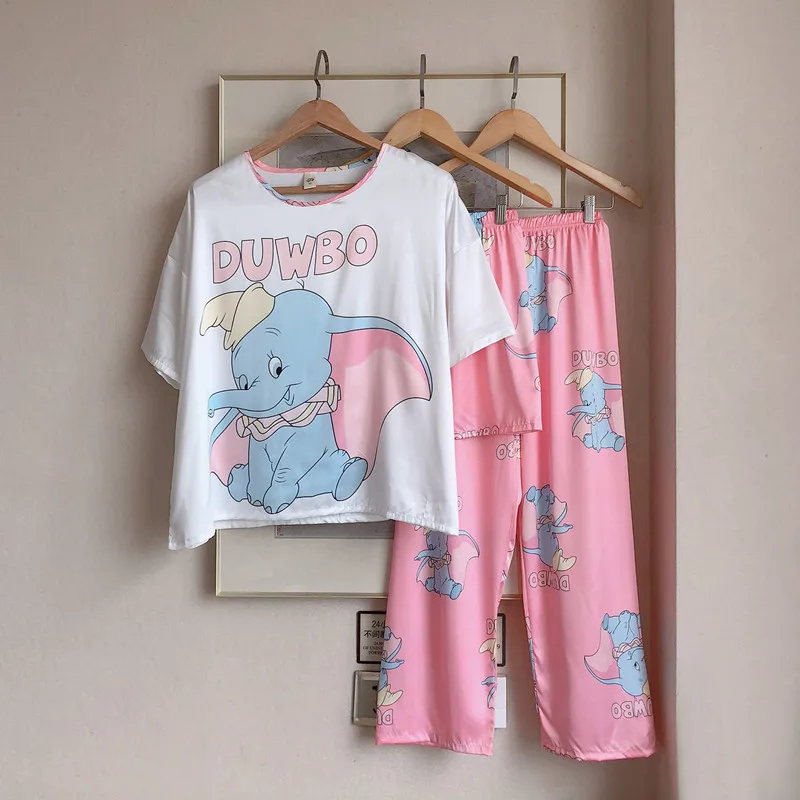 Cute Pijamas with Shorts for Women 3 Pieces Set Spring Summer Homewear Anime Elephant Dumbo Pajama Girls Cartoon Pyjama Thin New