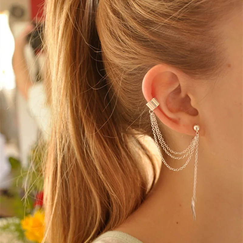 

CANZE Women Ear Clip Alloy Leaf Tassel Geometric Earrings Trendy Chain Eardrop Jewelry
