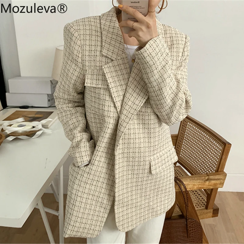 Mozuleva Vintage Chic Plaid Suit Jackets Female Elegant Notched Collar Loose Grid Women Blazers 2020 Spring Outerwear | Женская одежда