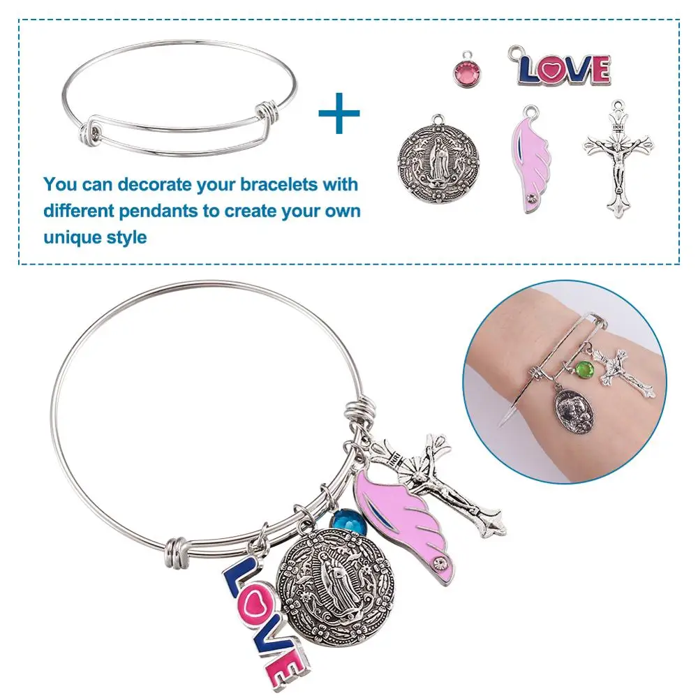 pandahall DIY Jewelry Making Kit with Alloy Pendants 65mm Adjustable Stainless Steel Expandable Bangle Jump Rings Glass Charms | Украшения