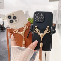 christmas elk phone case for iphone 13 pro 12mini 11 xs max xr 7plus 8g se2020 6p card slots lanyard cover leather soft