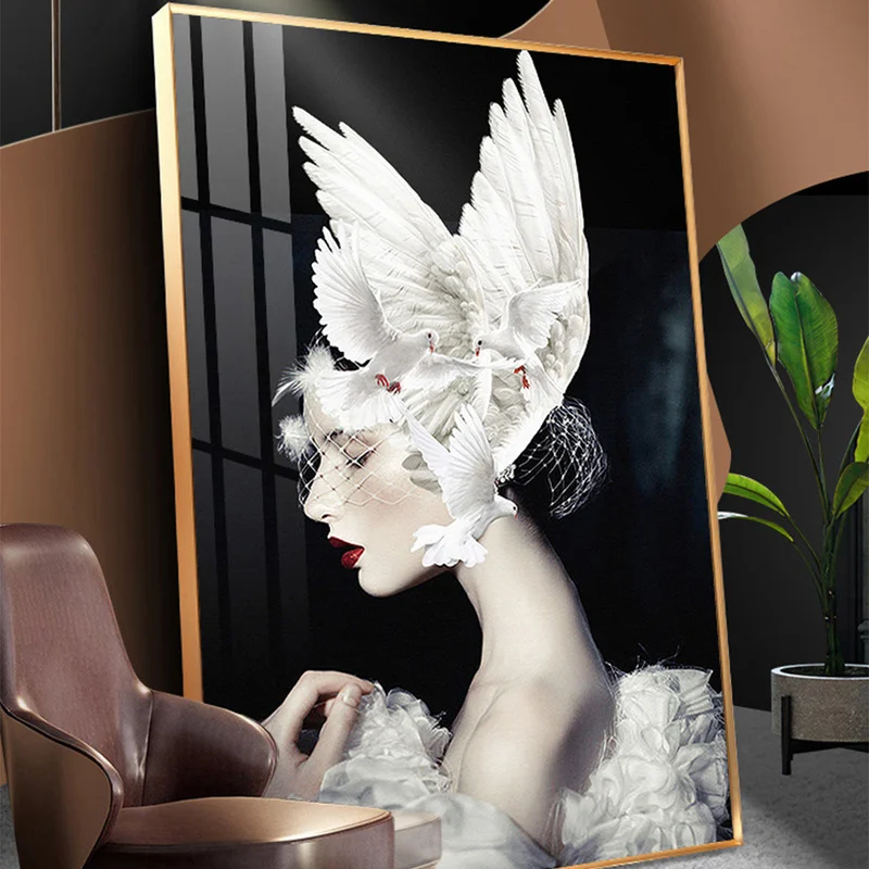 

Canvas Painting for Living Room Wall Art White Dove Abstract Woman Poster and Print Wall Pictures Modern Home Wall Decoration