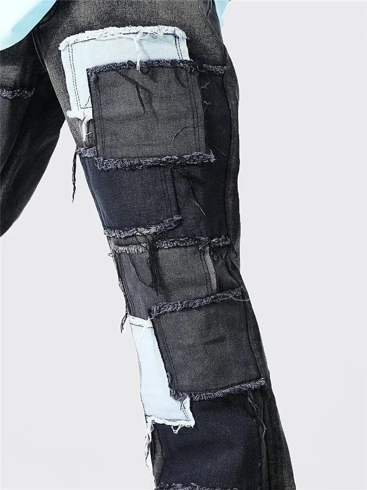 Новые мужские джинсы тонкие лоскутные цветные узкие обтягивающие черные синие