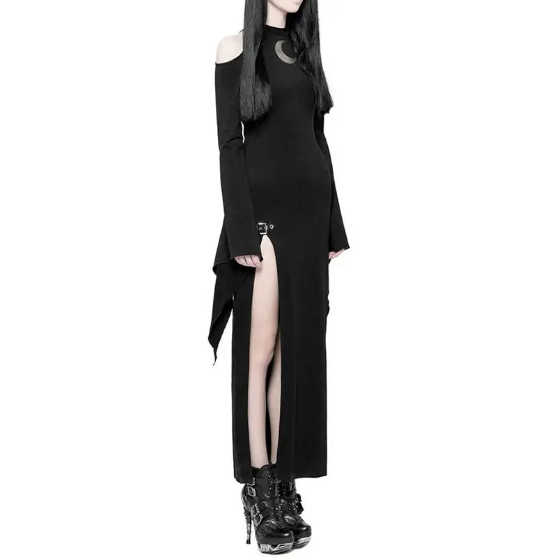 Готическое темно-черное открытое длинное платье для женщин Осенний звонок рукав