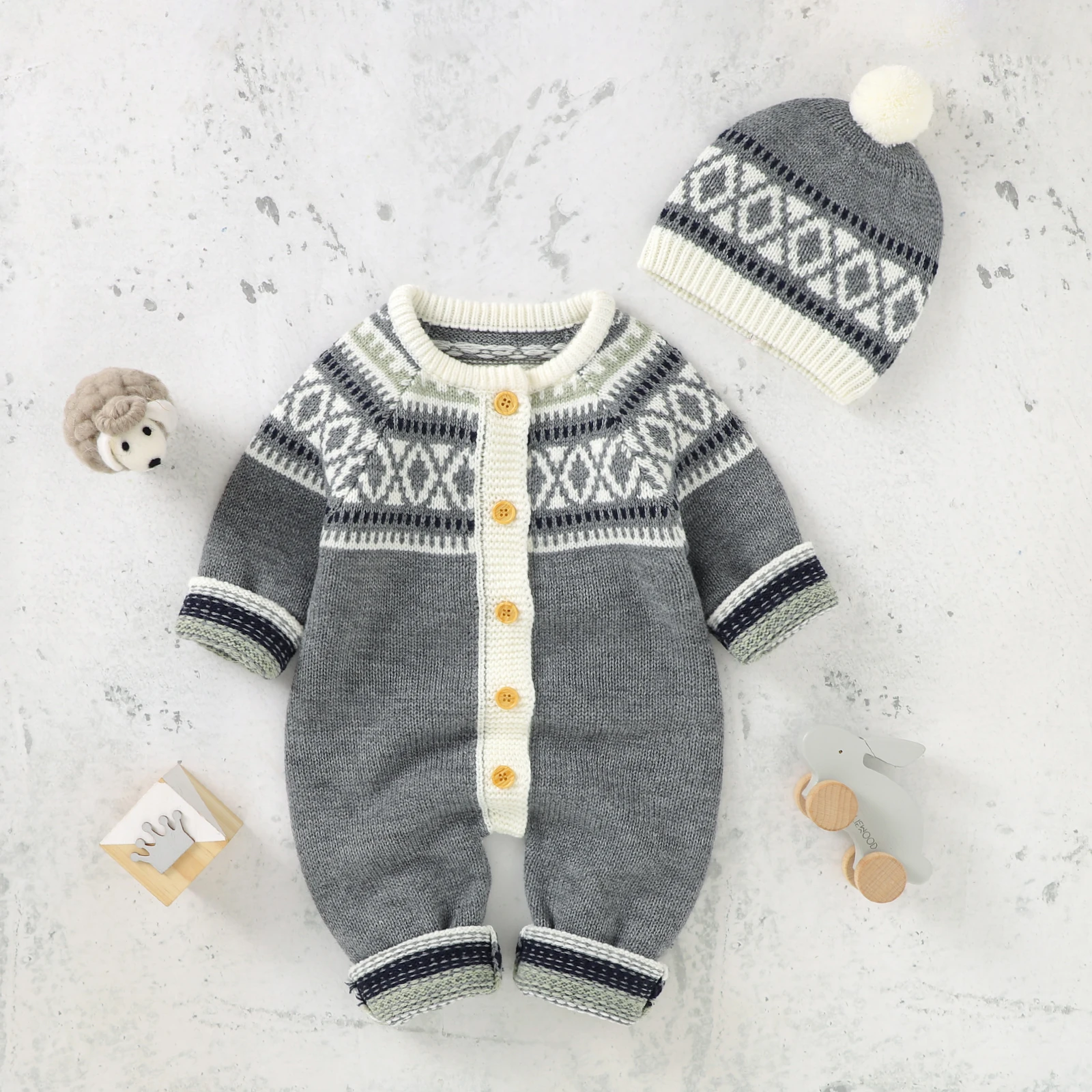 Baby Rompers Long Sleeve Infant Boys Girls Jumpsuits Caps Outfits Clothes Autumn Winter Knitted Newborn Toddler Sweaters Costume