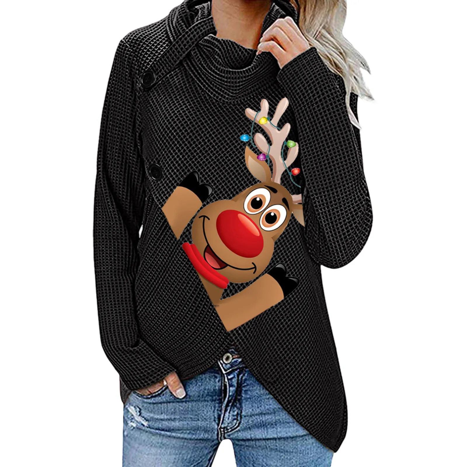 

Autumn Winter Women Fashion Christmas Print Button Long Sleeve Sweater Sweatshirt Pullover Tops Blouse Shirts Sudadera Mujer