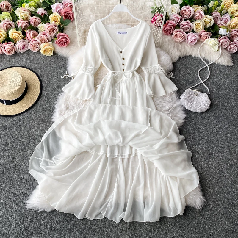 

Sexy Red/White Chiffon Long Dress Vintage Flare Long Sleeve V-neck Single Breasted Women's Dresses Female Autumn Vestidos 2021