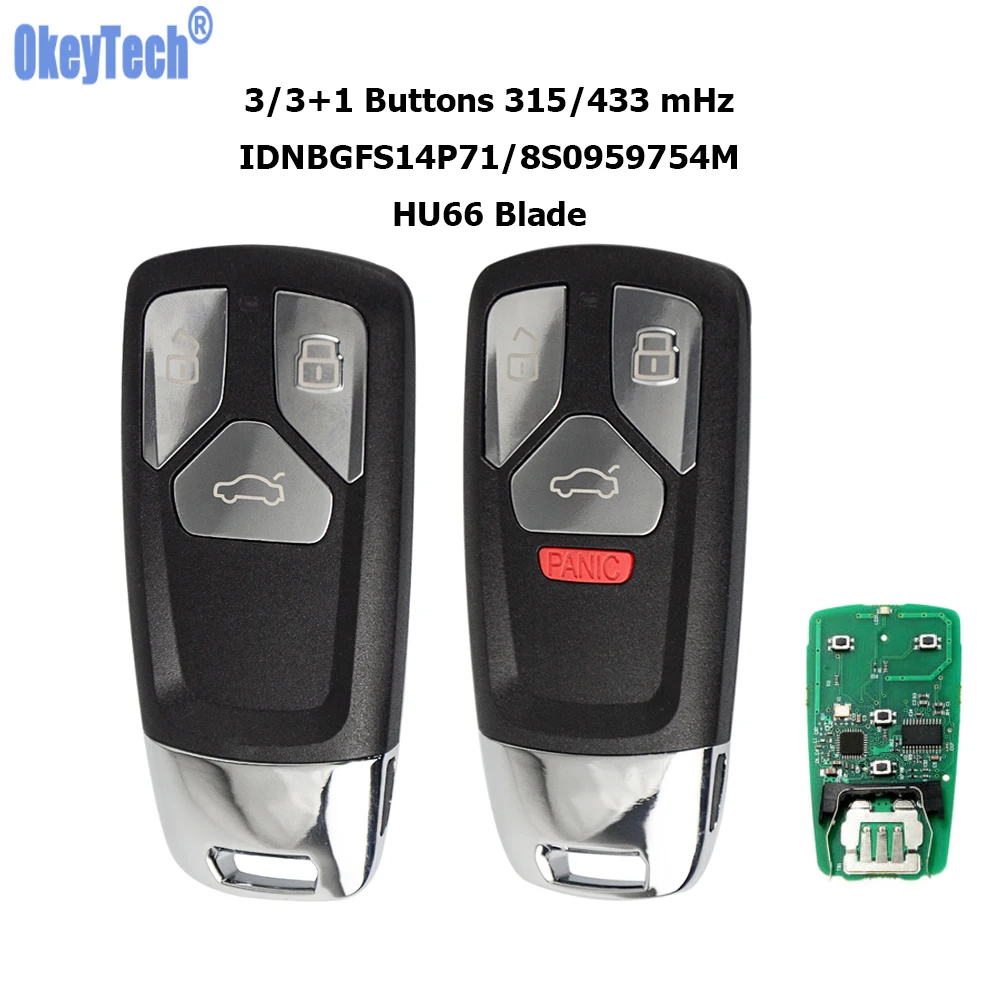 

OkeyTech 3 4 Buttons Smart Remote Car Key For Audi Keyless Entry 315/433mHz For Audi A4 A5 Q7 TT 2016 2017-Up HU66 Uncut Blade