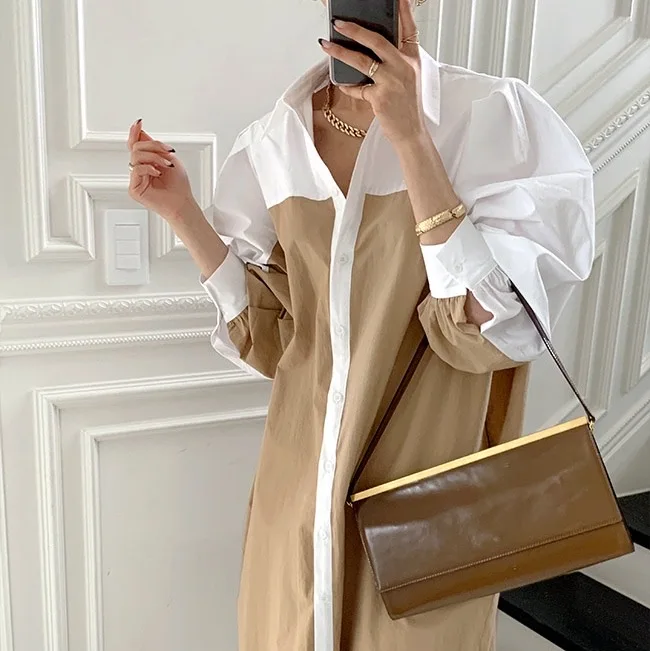 

Vintage Elegant Patchwork Lantern Sleeve High Street Women Dress Fashion Summer A-line Turn-down Collar Party Dress Vestidos