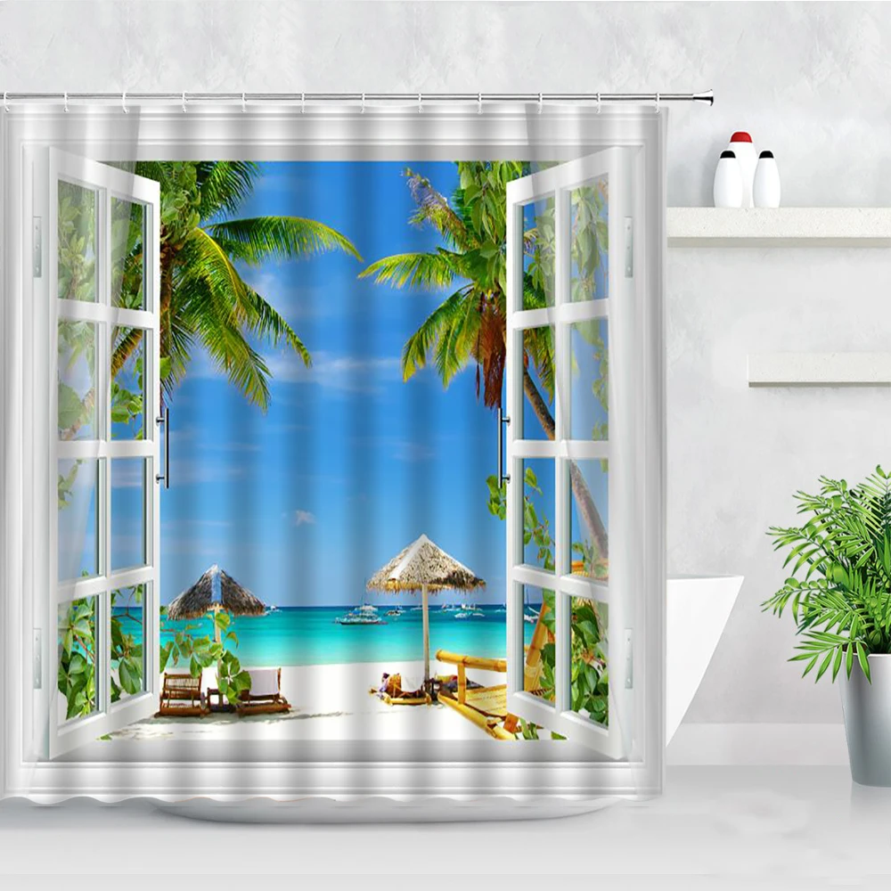 resort scenery shower curtains ocean tropical plants trees swimming pool 3d printed waterproof fabric bathroom decor curtain set free global shipping