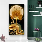 Абстрактный пейзаж, золотое дерево, Луна, Современная декоративная картина, холст, настенный художественный постер F, комната, крыльцо, офисное украшение с вешалкой 6-14