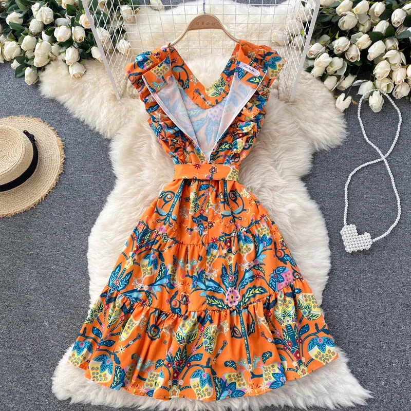 

Europe Style Fashion Butterfly Sleeves Sashes Print Vintage Summer Dress for Women Clothing 2021 Above Knee Holiday Beach Robe