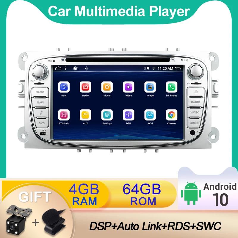 

Автомобильный радиоприемник, стереопроигрыватель DSP Carplay, DVD, CD, DAB, BT, Wi-Fi, Android 10,0 для Ford Focus/S-MAX/Kuga, 4 Гб + 64 ГБ, бесплатный микрофон, камера