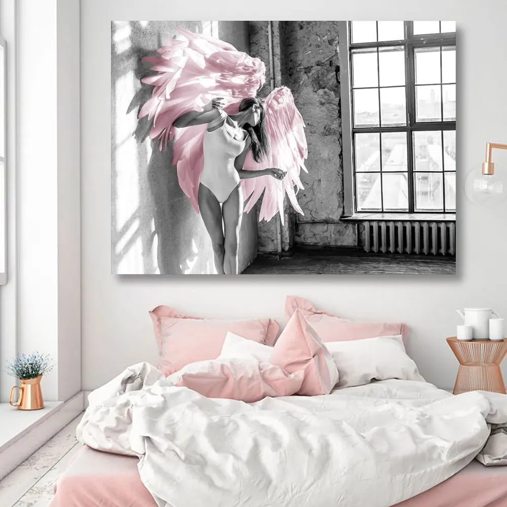 

Nordic Style Angel Wings Pink Feather Poster Canvas Painting Living Room Bedroom Home Art Painting Wall Decoration Mural Cuadros