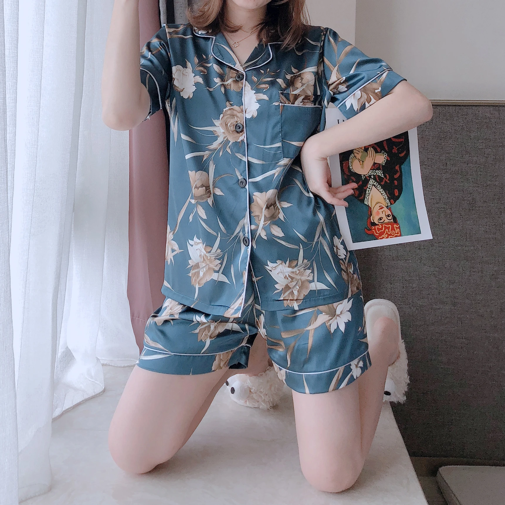 Шелковый Для женщин шорты для пижамный комплект Эротическое 5XL размера плюс с