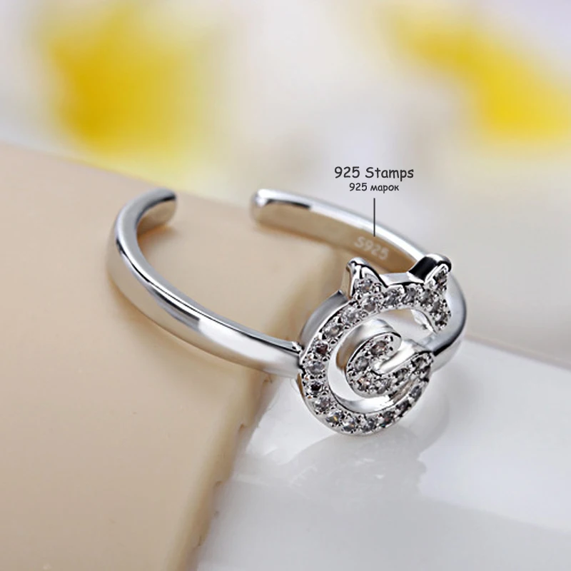 Hot Fashion 925 Sterling Silver Cute Cats Rhinestone Rings Open Resizable Elegant Cat Pattern Ring For Women&ampGirl Jewelry Gift |