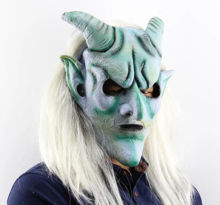

Cosplay Halloween Costume Party Masks Scary Funny Silver Horn King Ghost Mask with Long Wig Haunted House for Hallowen