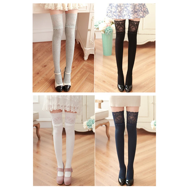 2021 Warm Autumn Winter Sexy Lace Thigh High Stocking Nylon Over Knee Students Girls Long Stockings Knitted Tights Women Medias