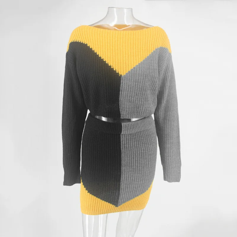 Женская обувь Новинка Цветная лоскутное платье с открытыми плечами свитеры