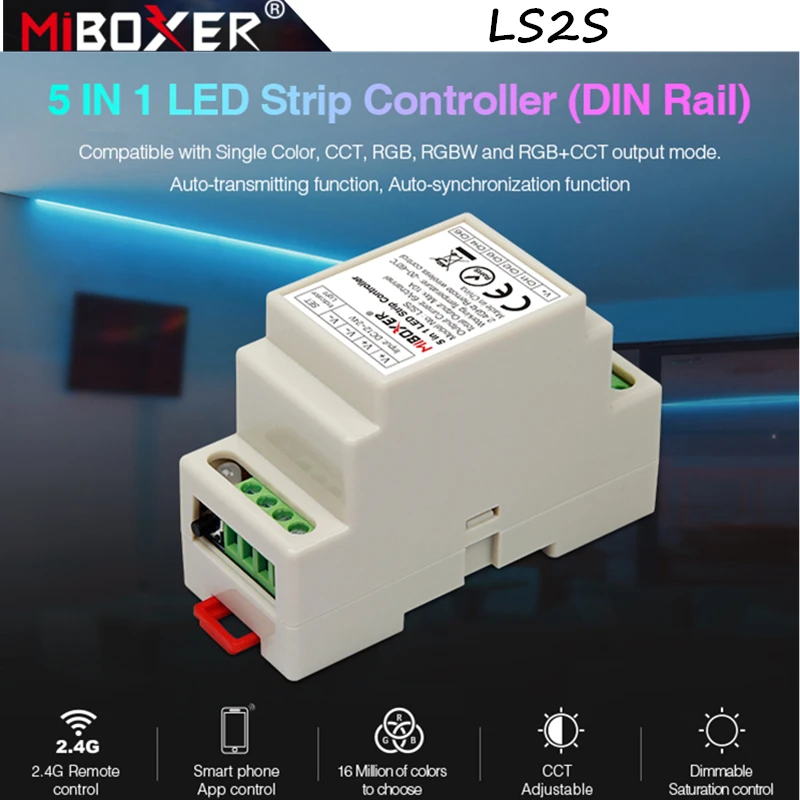 Miboxer LS2S 5 IN 1 LED Strip Controller (DIN Rail) DC12V~24V Remote Controller for Single Color CCT RGBW RGB+CCT LED Strip Ligh