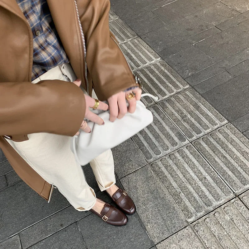 Женские лоферы без застежки Mordoan натуральная кожа квадратный носок плоская