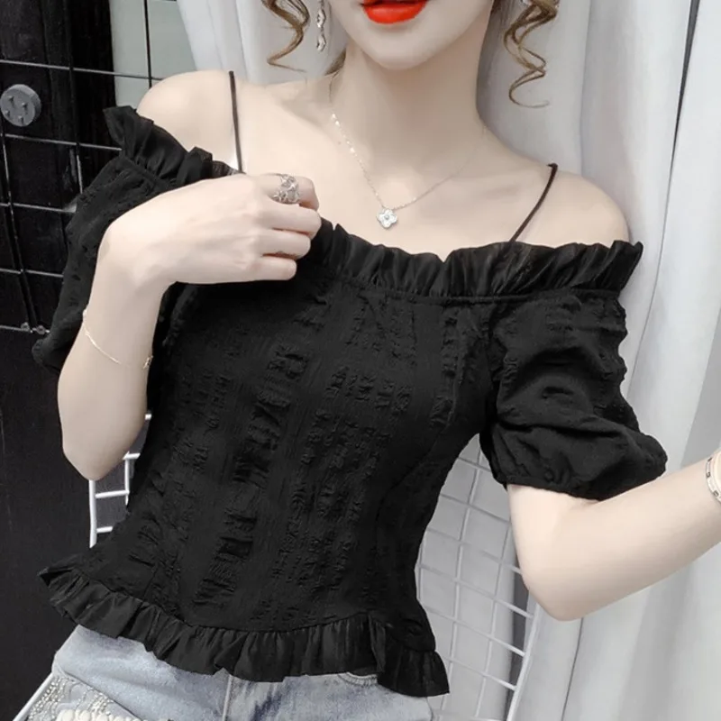 #2041 черно белая шифоновая короткая блузка женская с воротником лодочкой и