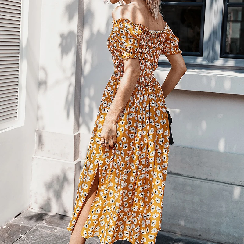 

Elegant Off Shoulder Women Long Dress Boho Floral Print Female A-line Dress Summer Holiday Beach Ladies Dresses
