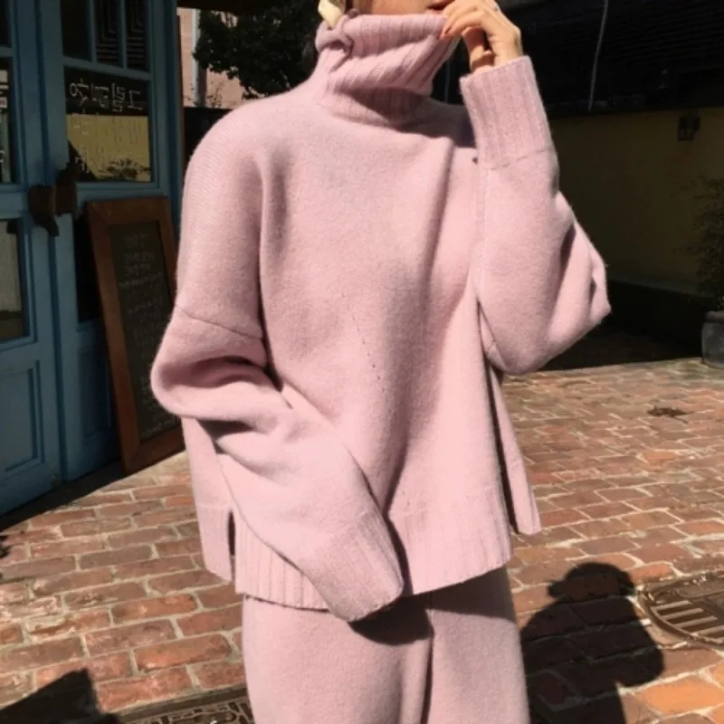 New arrival Autumn winter Knitted Tracksuit Turtleneck Sweatshirts for Women Suit Clothing 2 Pcs Set Knit top Pants suit Female