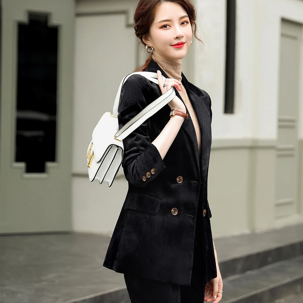 

High Quality Women Casual Double Breasted Blazer Coat Full Sleeve Red Green Black Outerwear Chic Loose Winter 2020 New Tops