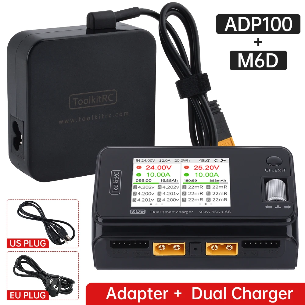 ToolkitRC-Descargador y unidad de fuente de alimentaci&oacute;n, descargador, ADP100, 100w, 20v, 5A, M6D, 15A x 2 DC, doble canal de salida, 1-6s-0
