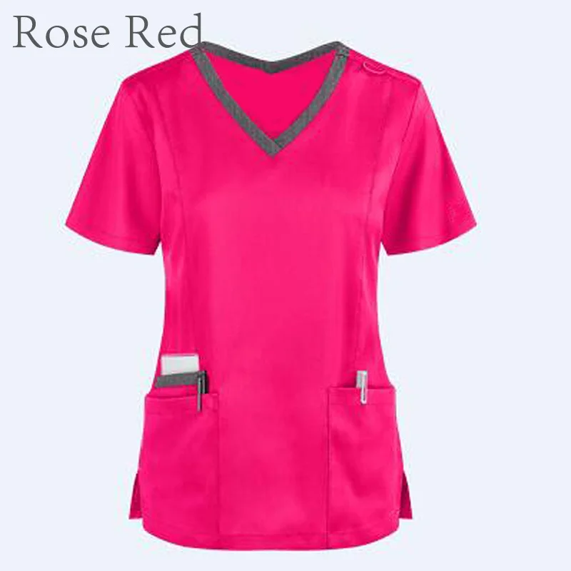 

Women Casual Short Sleeve Pocket Solid Color T shirt V-Neck Blouse Nursing Scrubs Nurse Working