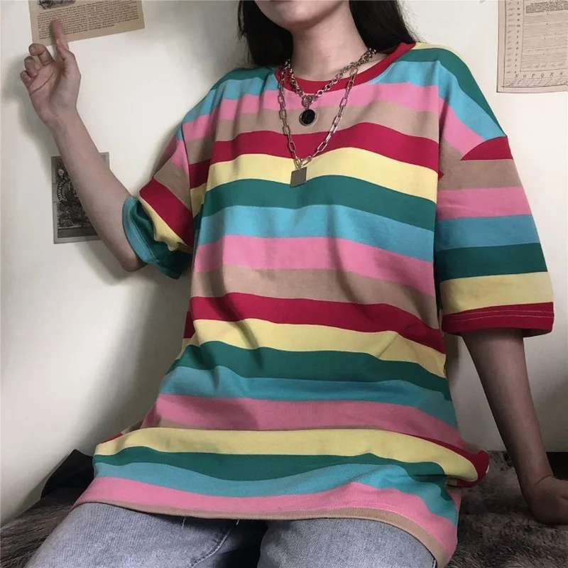 

Summer Women Clothes Striped Tees Short Sleeve Harajuku Ins Loose Hipster Ladies Tops O-neck Casual Style Korean T Shirt Couples