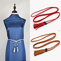 fashion braided belt for women hand knitted leather long belt string waistband with tassel girls dress sweater waist belts