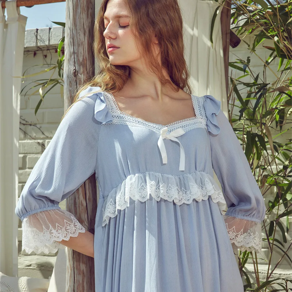 

Hanxiuju Vintage Cotton Long Nightgowns For Ladies Solid Color White /Blue Royal Princess Loose Sleepwear Elegant Night Dress