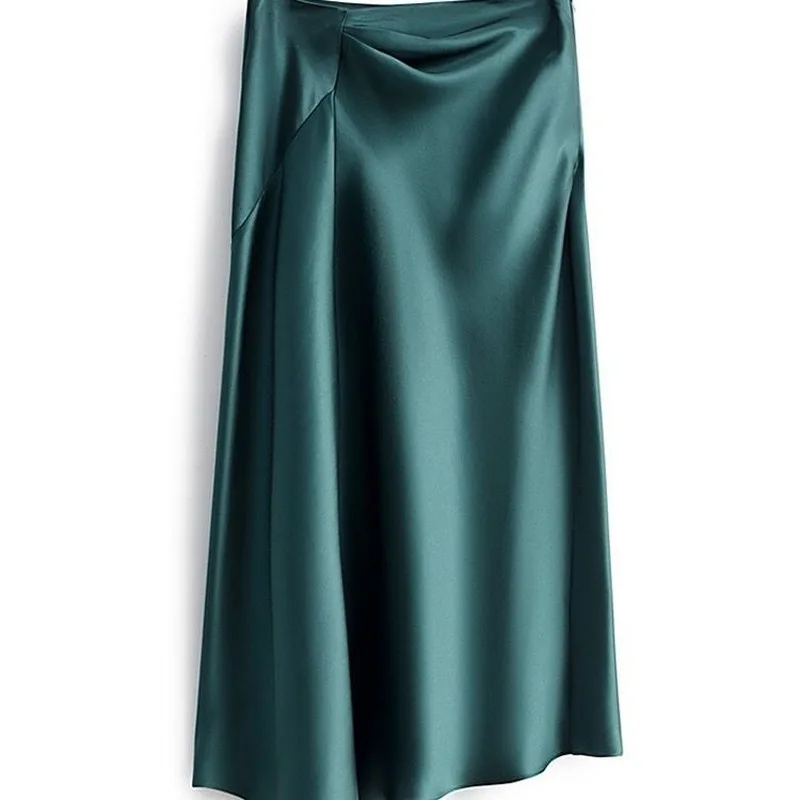 

FAKUNTN 2021 Summer Large Size Solid Elegant Silk Satin A-line Skirts Womens Midi Irregular Long Skirt
