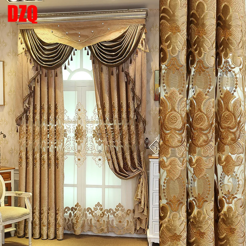 

European Luxury Brown Curtains for Living Room Chenille Curtains for Bedroom Shaded Embroidery Window Curtain Tulle