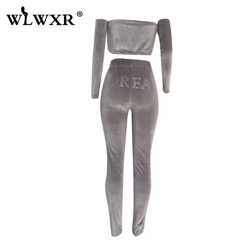 WLWXR Женский комплект 2 шт. костюм с буквенным принтом Клубная одежда с открытой спиной укороченный топ с длинным рукавом и брюки женский Дамский комплект