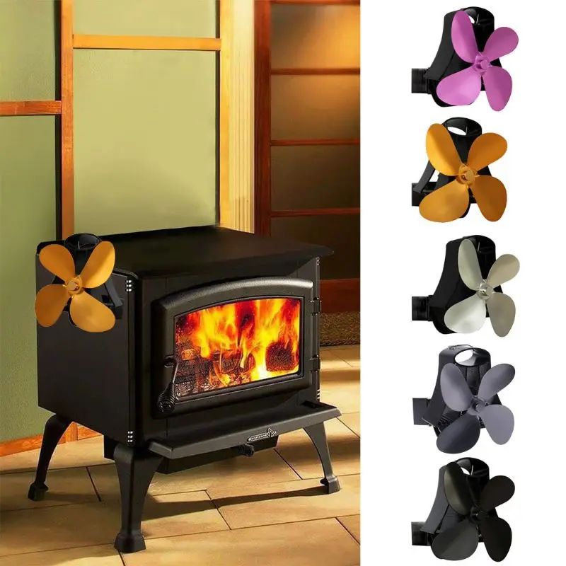 

Wall Mounted Heat Self-Powered Fireplace Stove Fan Quiet 4 Blades Aluminum Efficiently Warm Large Room Wood Log Burner Eco Frien