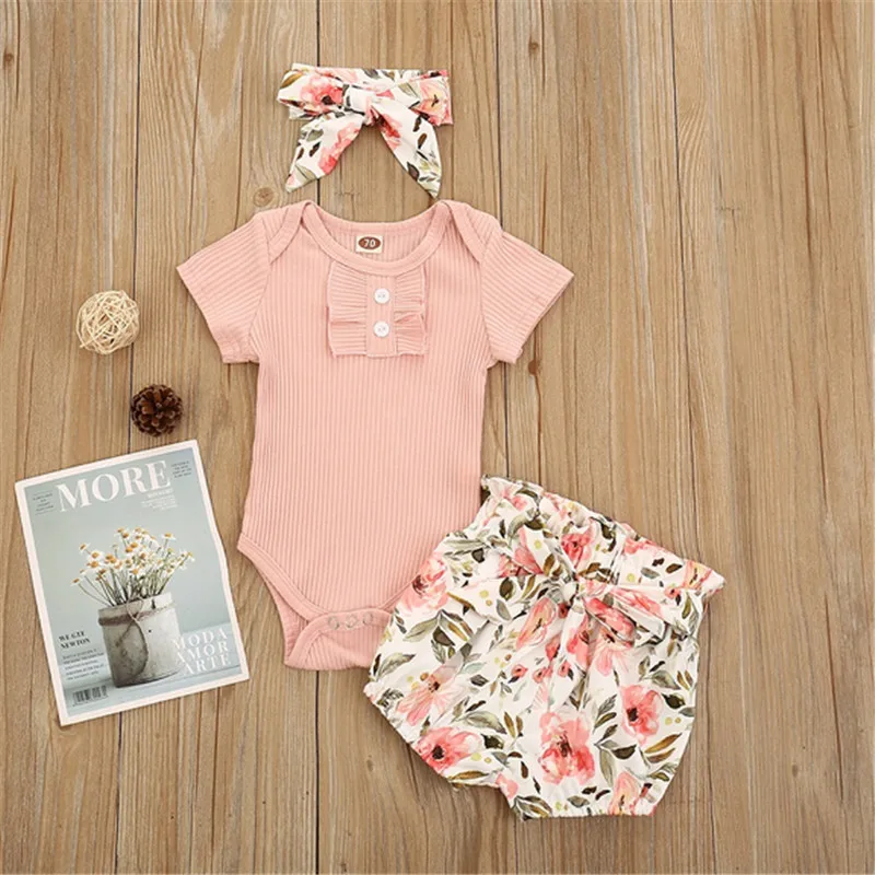 

Infant Girl Clothing Kids Baby Girls Lace Puff Sleeve Bodysuits Shorts Headband Summer 3pcs Outfit 0-24M